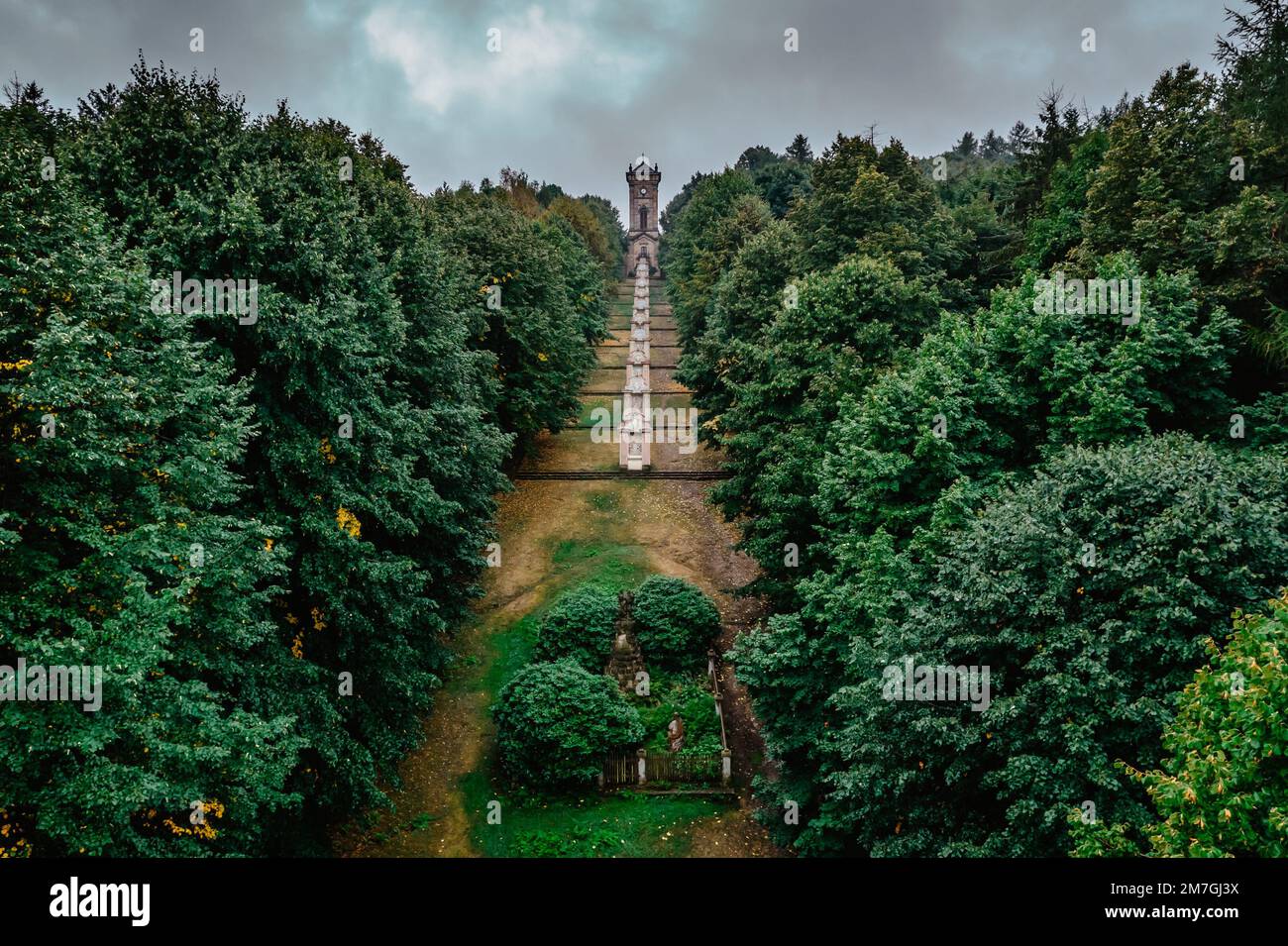 Aerial view of the Way of the Cross,calvary, with 11 chapels all with relief scenes of the saints leads to main chapel,Jiretin pod Jedlovou,Czech Stock Photo