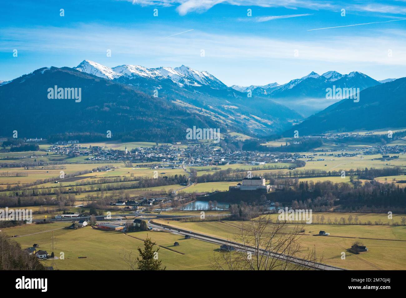 Trautenfels and Irdning in Styria, Austria. Scenic view to the Ennstal region during springtime. Stock Photo
