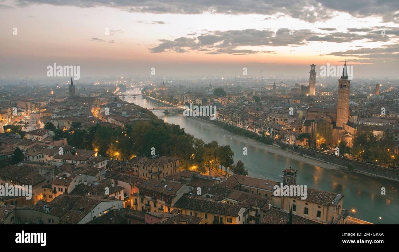 An aerial view of the beautiful city of Verona located in Northern ...