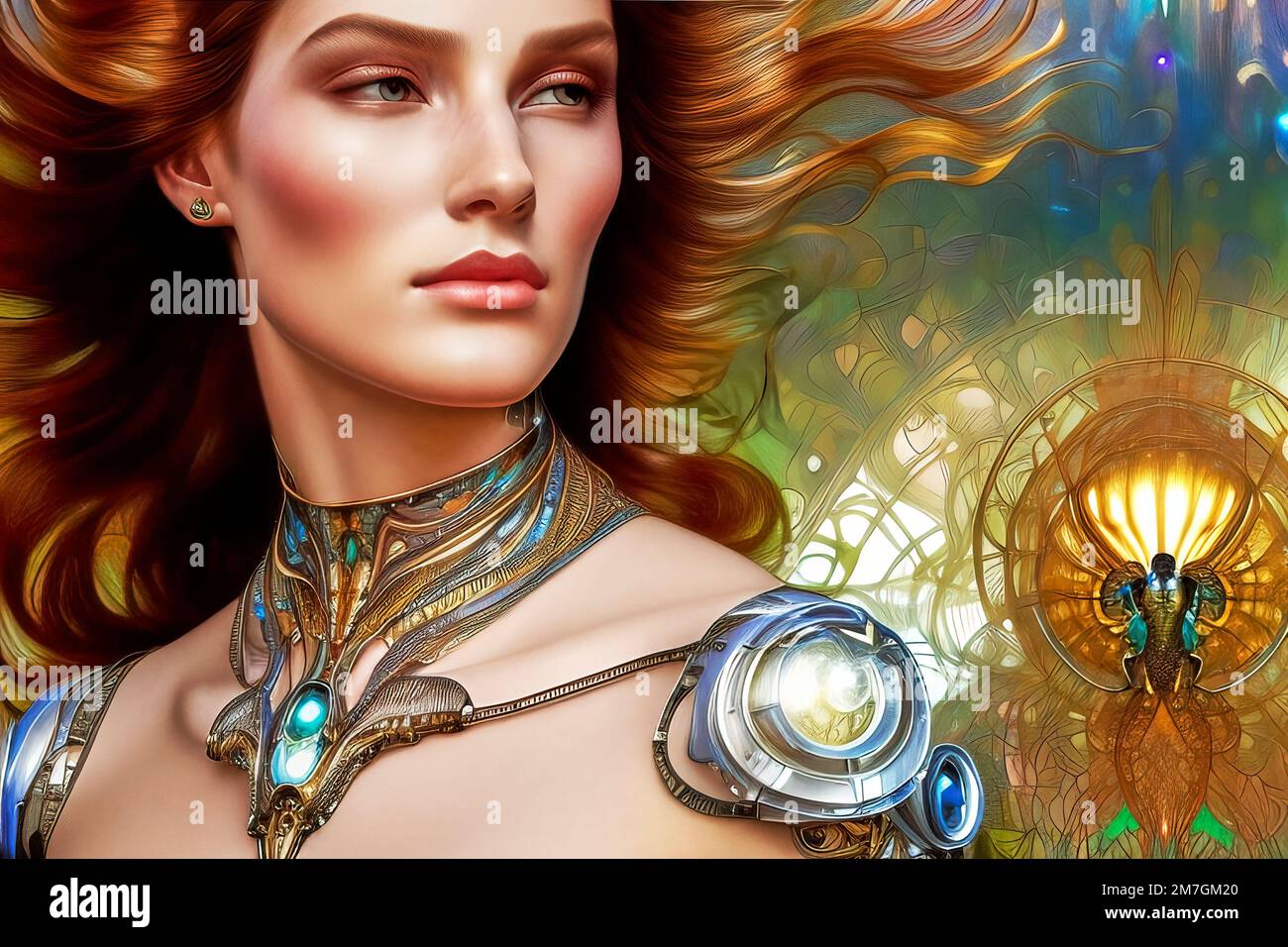Illustration of a woman with flowing red hair and filigree luxurious jewelry at the neck and across her shoulders, fictional person. Made with generat Stock Photo