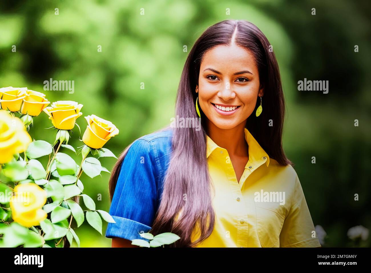 Smiling young woman with long dark brown hair looking at a bouquet of yellow roses, fictional person. Made with generative AI Stock Photo