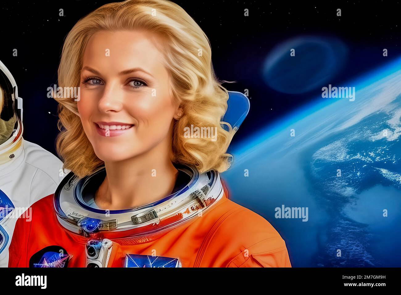 Blonde female space traveler wearing a space suit with no helmet smiling against a blurred background with an image of the blue earth, fictional perso Stock Photo