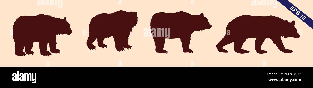 various bear silhouettes on the light grey background Stock Vector