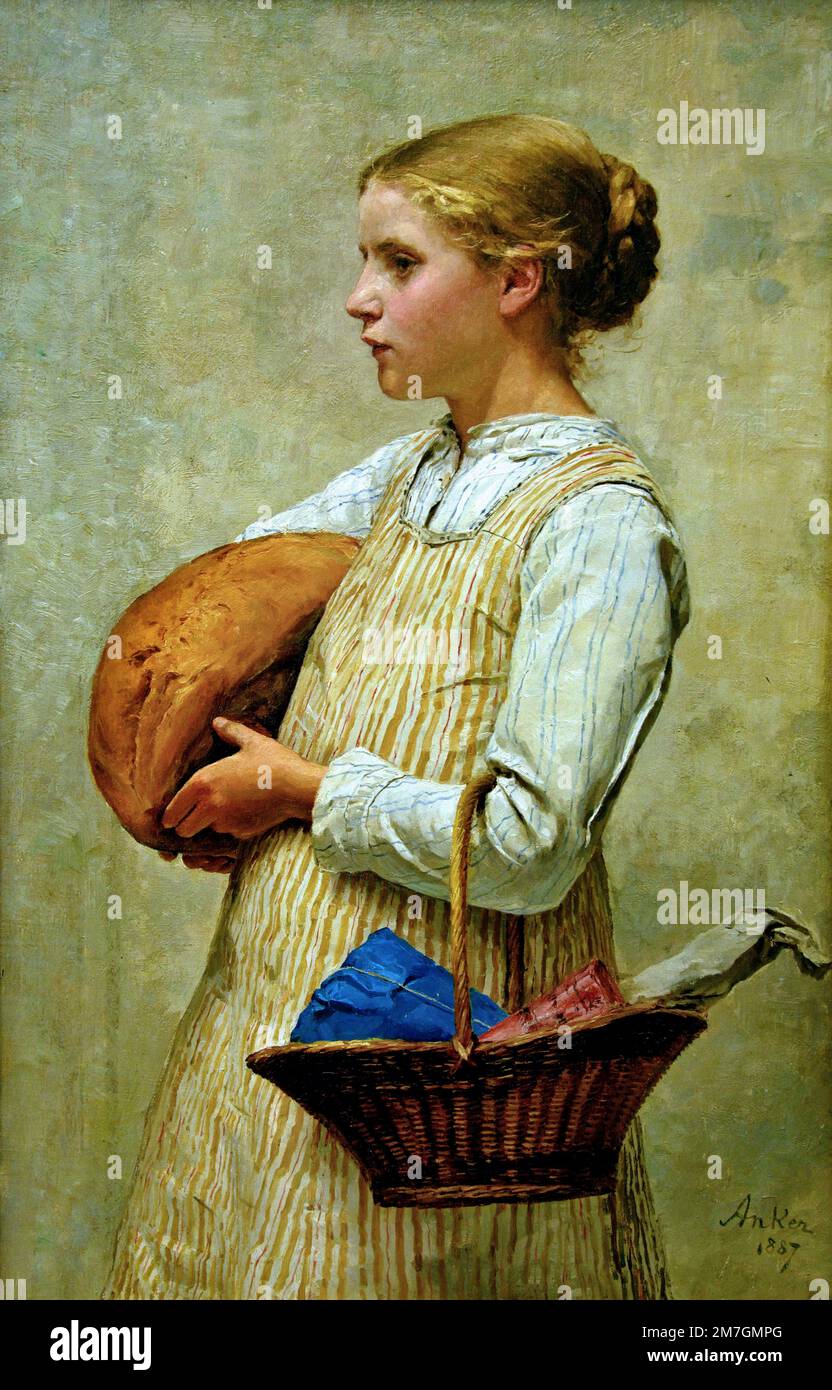 Girl with Bread 1887 by Albert Anker (1831 − 1910) was a Swiss painter and illustrator Switzerland, Stock Photo