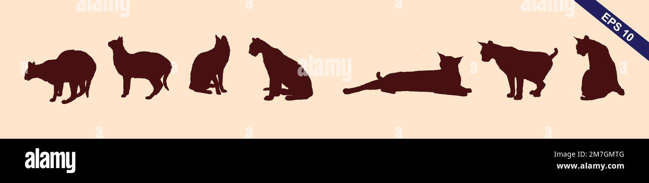 Set black silhouettes of cats and kittens cat footprints isolated on a light brown  background Stock Vector