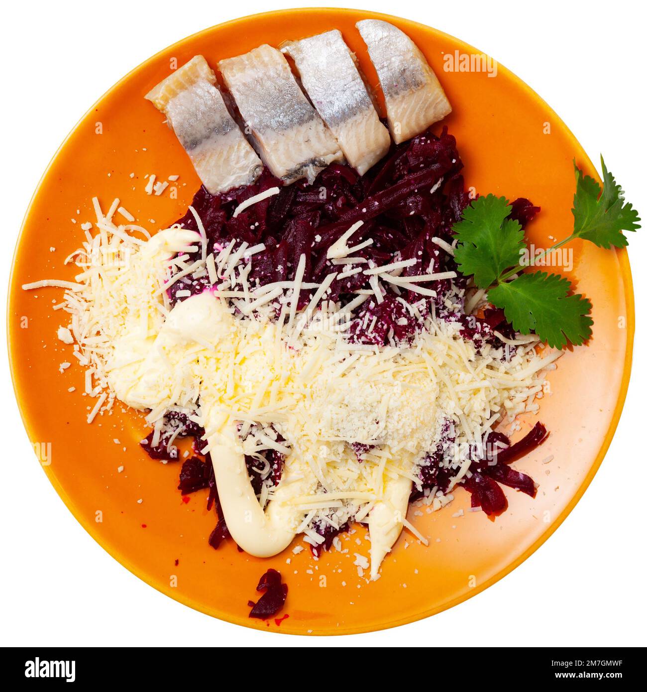 Beetroot served with cheese and pickled mackerel Stock Photo
