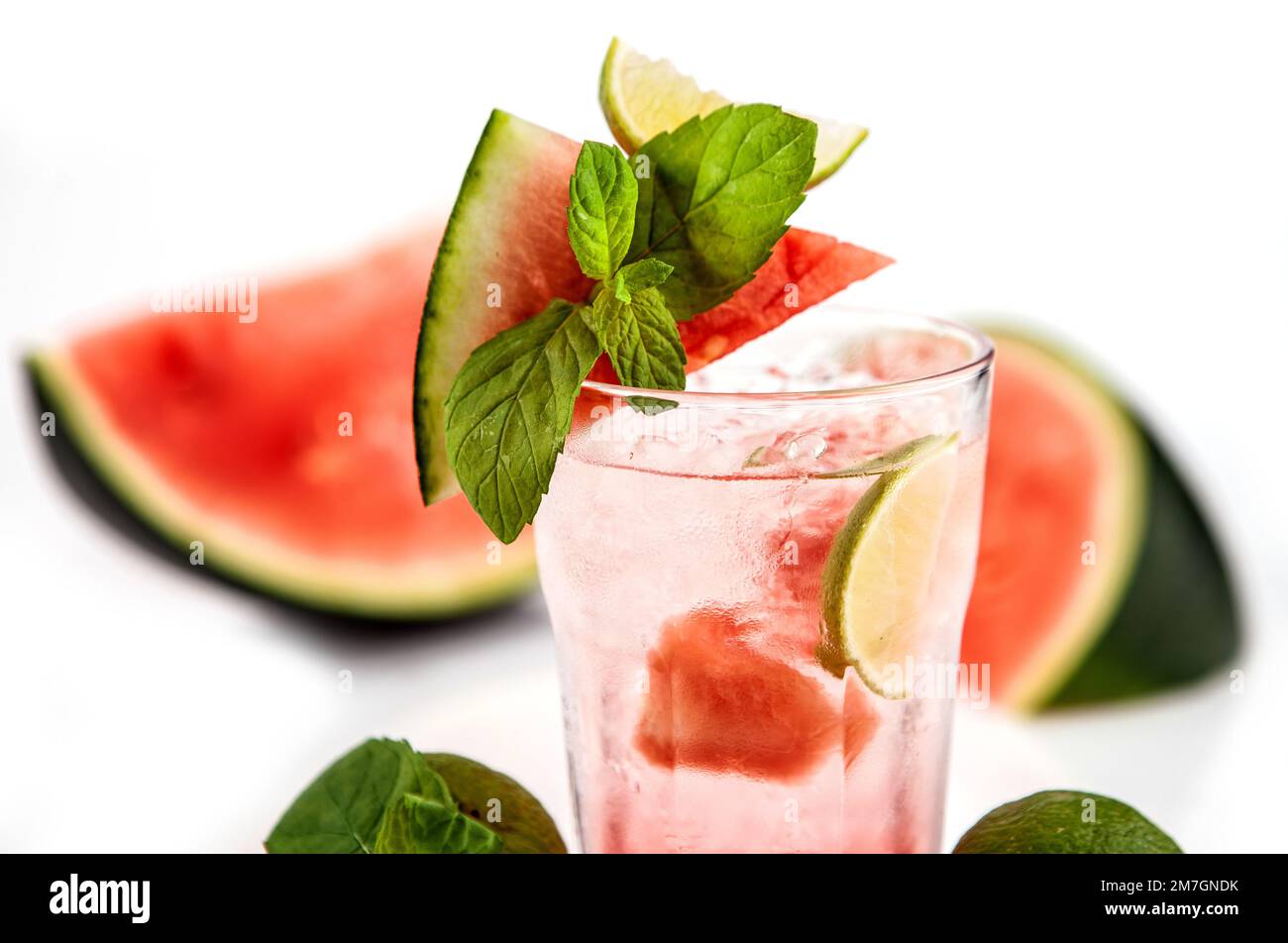 summer refreshing drinks on a white background with fresh fruit - lemonade, orangeade Stock Photo