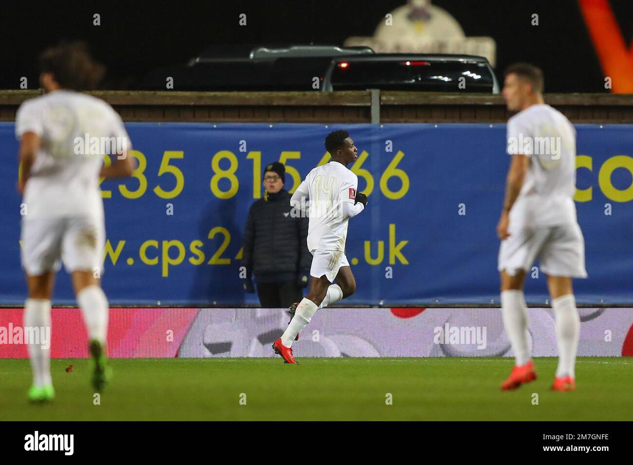 Eddie Nketiah #14 of Arsenal celebrates his goal to make it 0-2 during the Emirates FA Cup Third Round match Oxford United vs Arsenal at Kassam Stadium, Oxford, United Kingdom, 9th January 2023  (Photo by Gareth Evans/News Images) Stock Photo