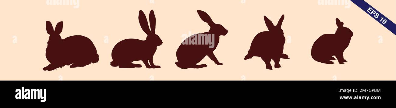 Silhouettes of easter bunnies isolated on a light brown background. Set of different rabbits silhouettes for design use. Stock Vector