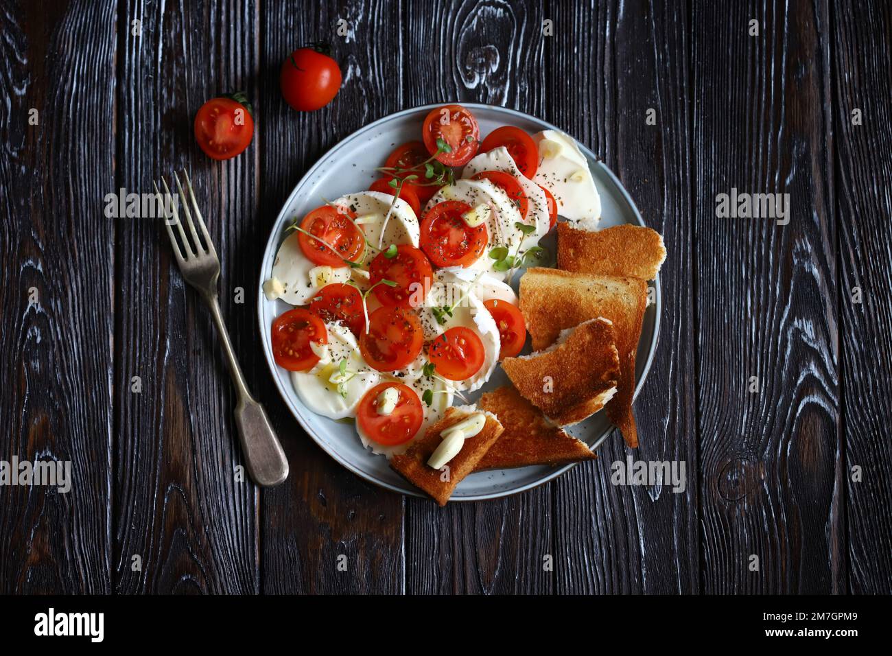 Healthy salad with tomatoes, mozzarella and croutons. Panzanella salad. Stock Photo