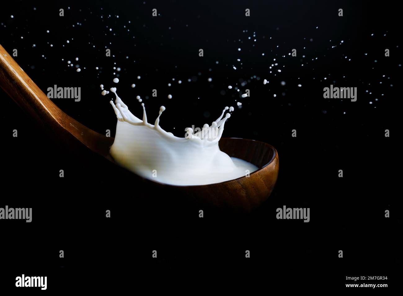 Milk splashing on a wooden ladle, with splash effect and black background Stock Photo