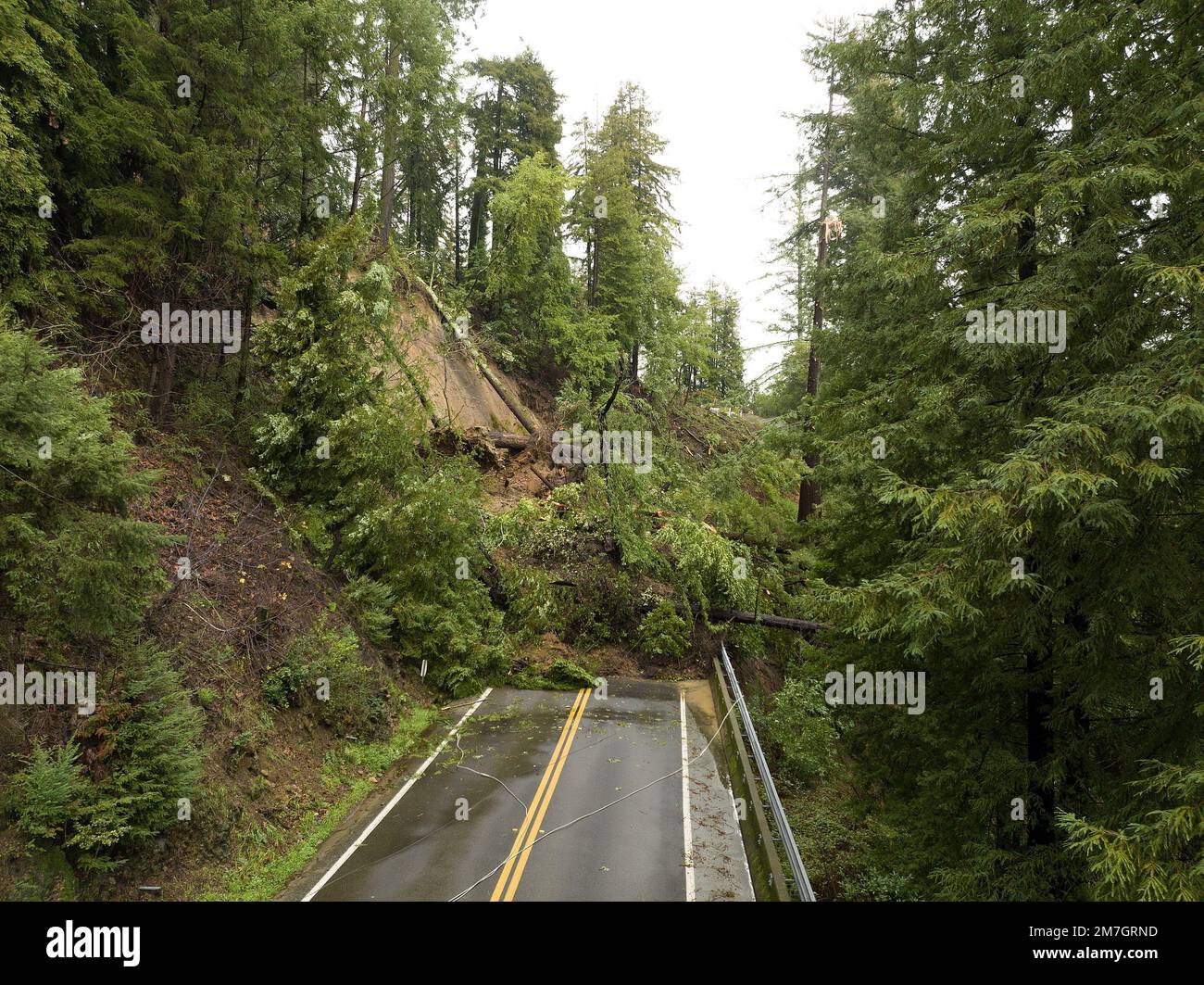 Ben Lomond, USA. 09th Jan, 2023. Aerial view of Highway 9 in Ben Lomond