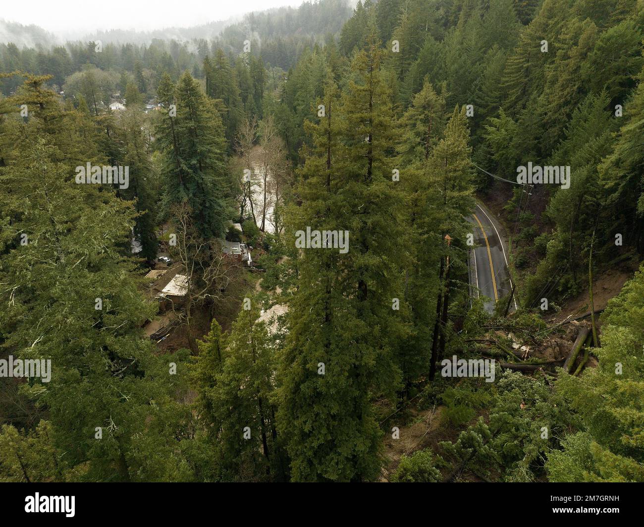 Ben Lomond, USA. 09th Jan, 2023. Aerial view of Highway 9 in Ben Lomond