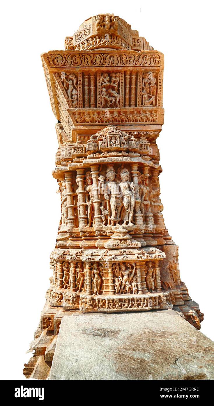 A vertical shot of a column with curved sculptures in Khajuraho India isolated on a white background Stock Photo