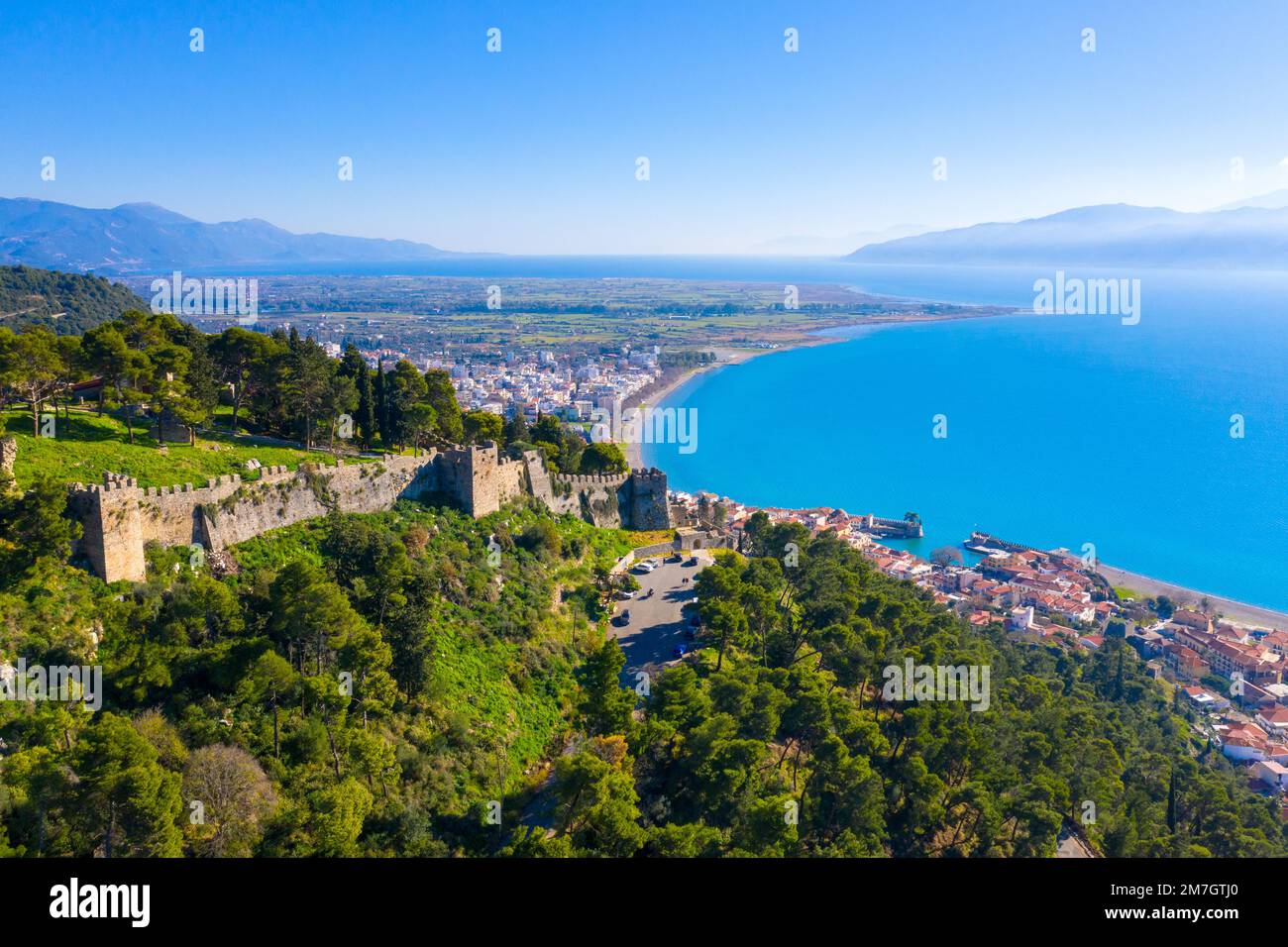 View of of Nafpaktos, Lepanto with the fortress, Greece. Stock Photo