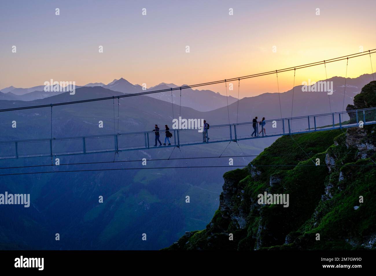 Suspension bridge, sunset on Stubner Kogel, Bad Gastein, Gastein Valley