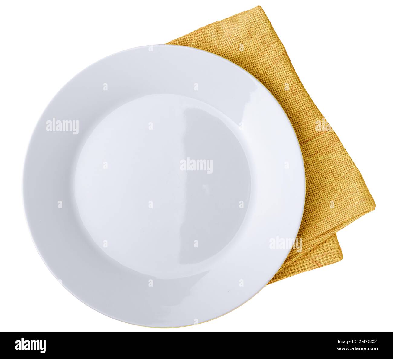 White plate isolated with kitchen towel Stock Photo