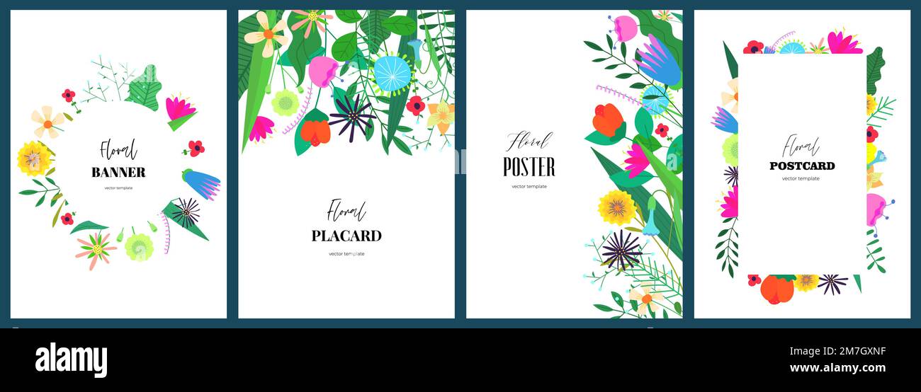 Poster templates with abstract drawing flowers. Floral art hand drawn placard set. Botanical elements on spring holiday cover collection. Banners with summer blooms. Herbal plants postcard eps design Stock Vector