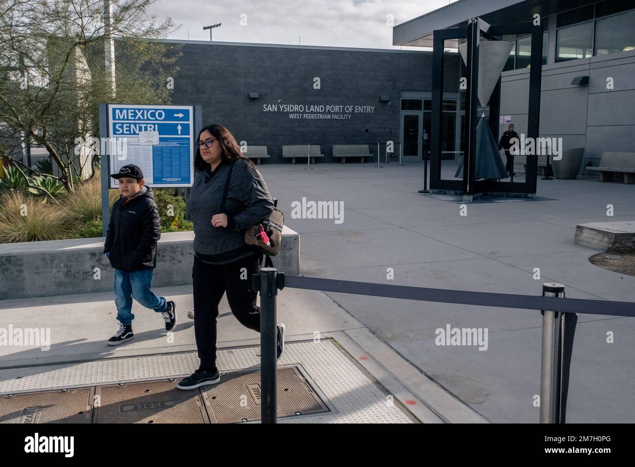 After nearly three years U.S. Customs and Border Protection reopen a pedestrian crossing from Tijuana into San Diego in San Diego, CA on Jan. 9, 2023. The PedWest crossing was closed at the beginning of the pandemic in 2020. But when the travel restrictions were lifted it was not reopened. Thousands of asylum seekers made a makeshift camp on the Mexican side of the PedWest crossing hoping to be some of the first to cross when the crossing reopened. Mexican authorities eventually cleared the camp and moved the asylum seekers to other parts of Tijuana. (Photo by Matthew Bowler/KPBS/Sipa USA) **N Stock Photo