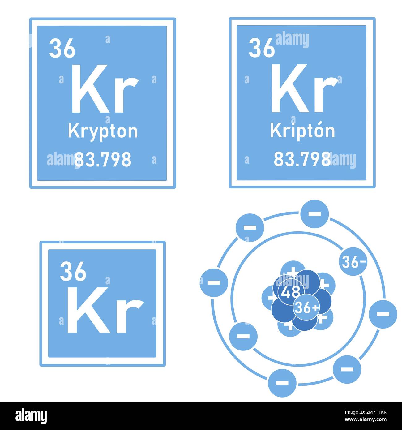 Blue icon of the element krypton of the periodic table with representation of its atom Stock Photo
