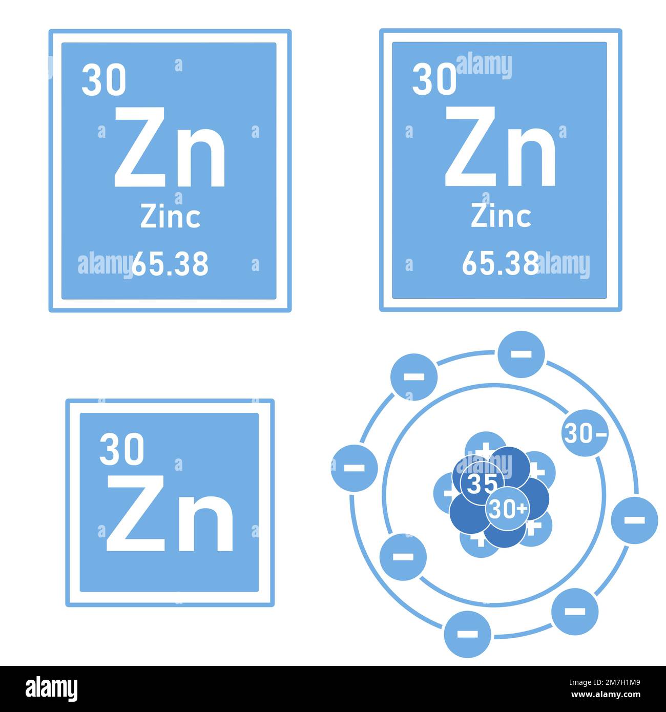 Blue icon of the element zinc of the periodic table with representation of its atom Stock Photo