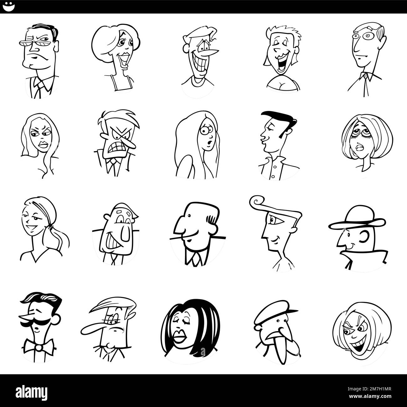 Black and white cartoon illustration of funny people characters faces set Stock Vector
