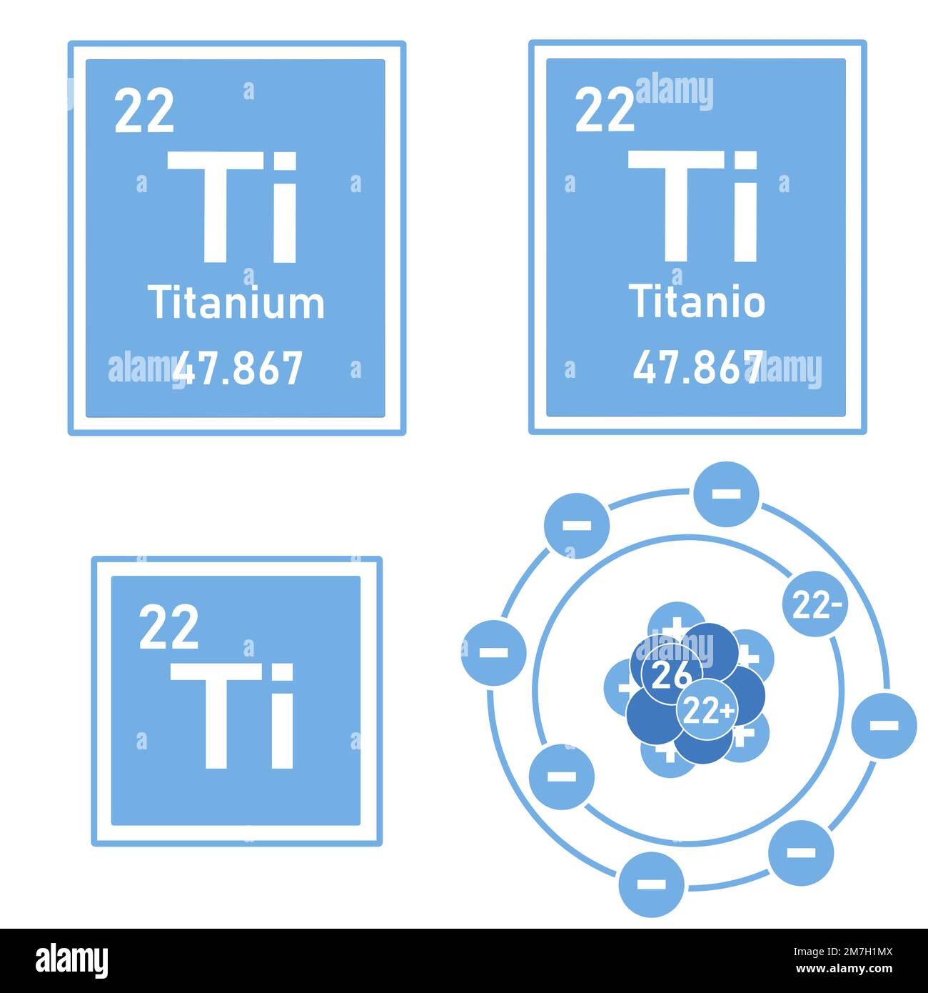 Blue icon of the element titanium of the periodic table with representation of its atom Stock Photo