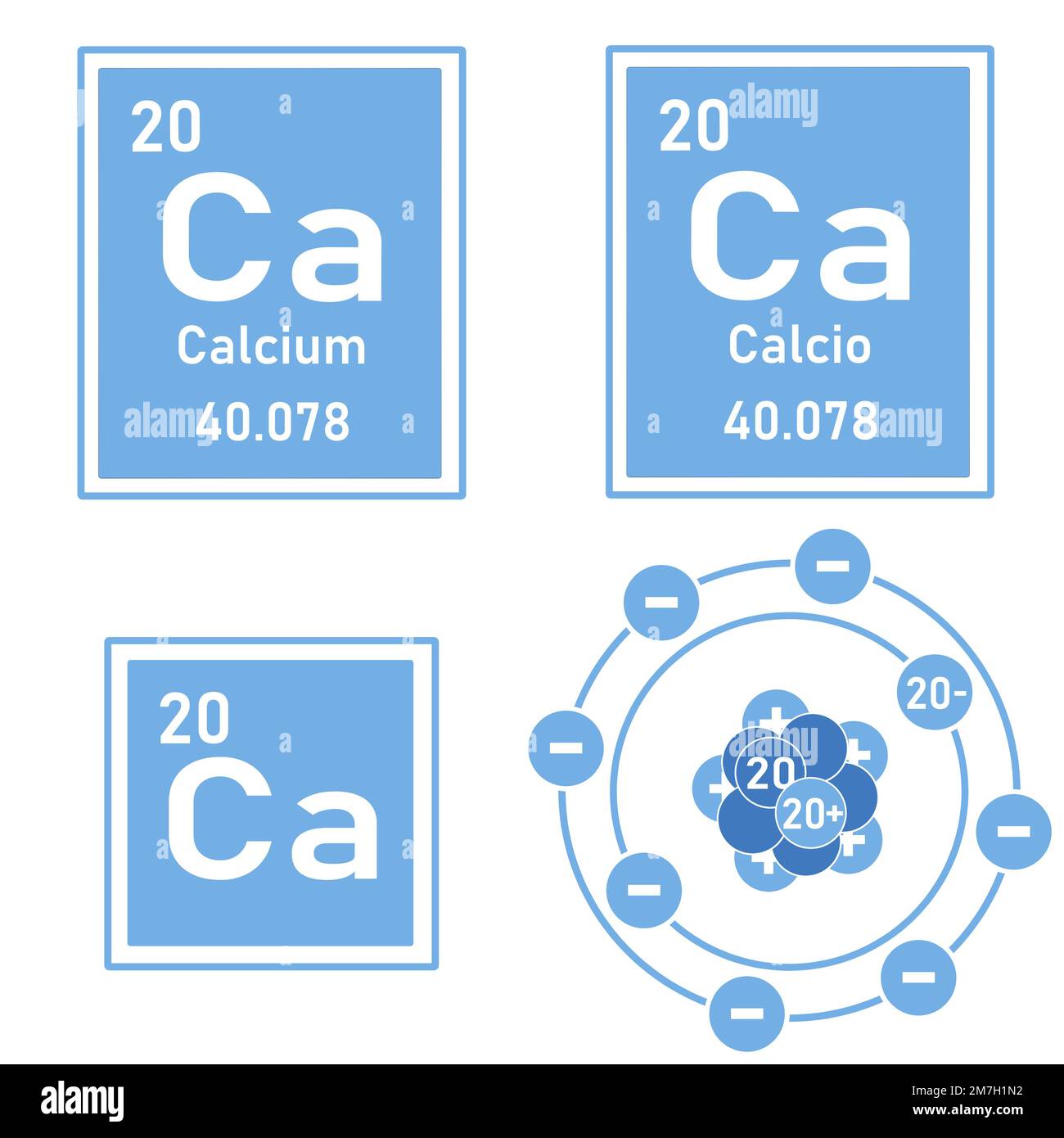 Blue icon of the element calcium of the periodic table with representation of its atom Stock Photo