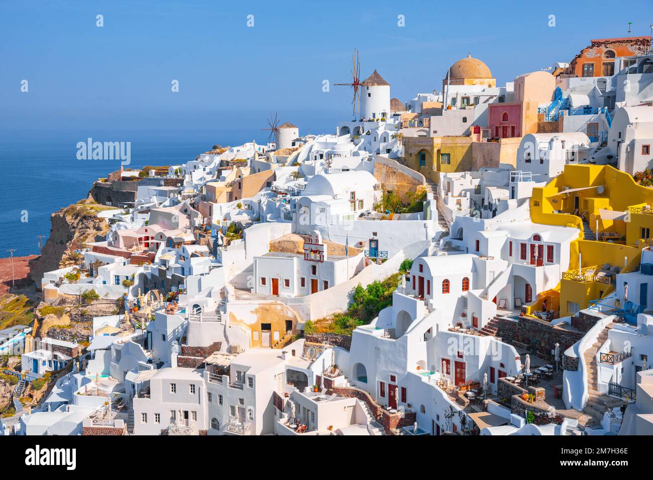 Santorini island, Greece. Traditional and famous houses and churches with blue domes over the Caldera, Aegean sea Stock Photo