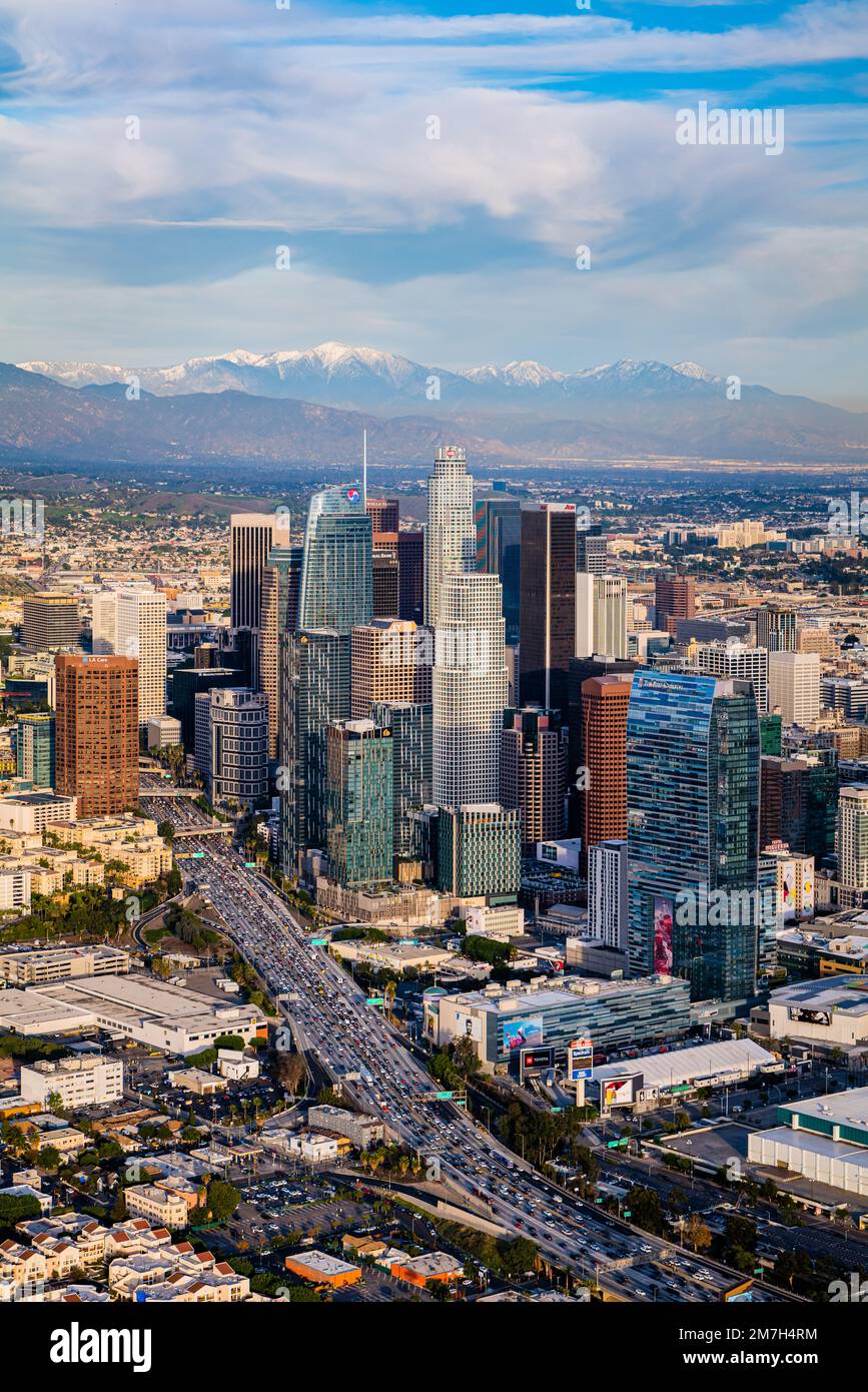 Downtown Los Angeles Snow Peaked Mountains Aerial Sunset Photography Stock Photo