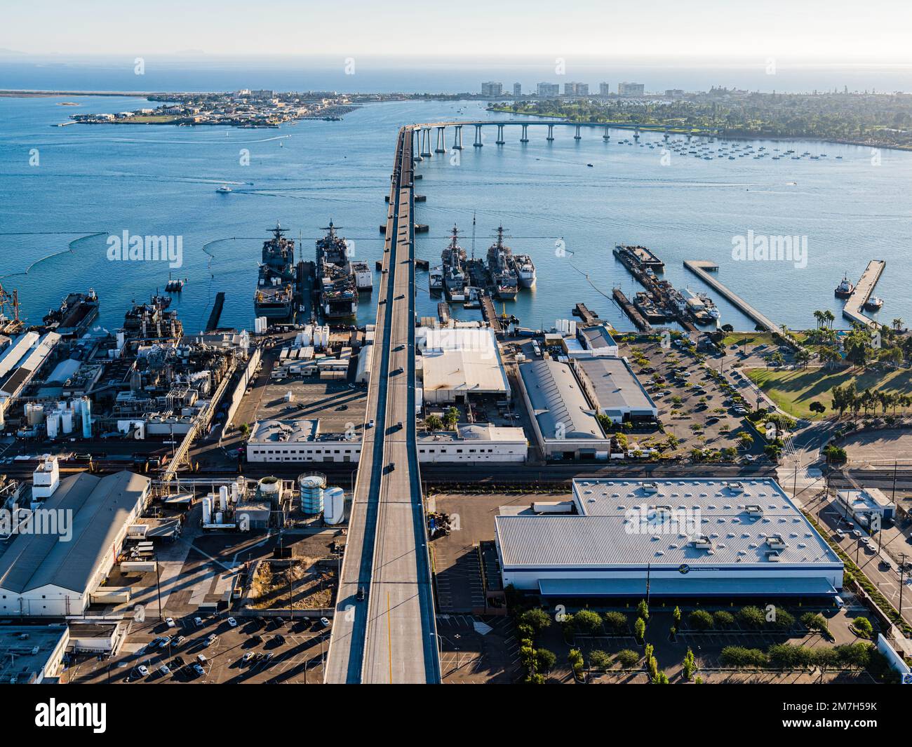 San Diego Coronado Bridge Navy Shipyard Aerial Photography Stock Photo