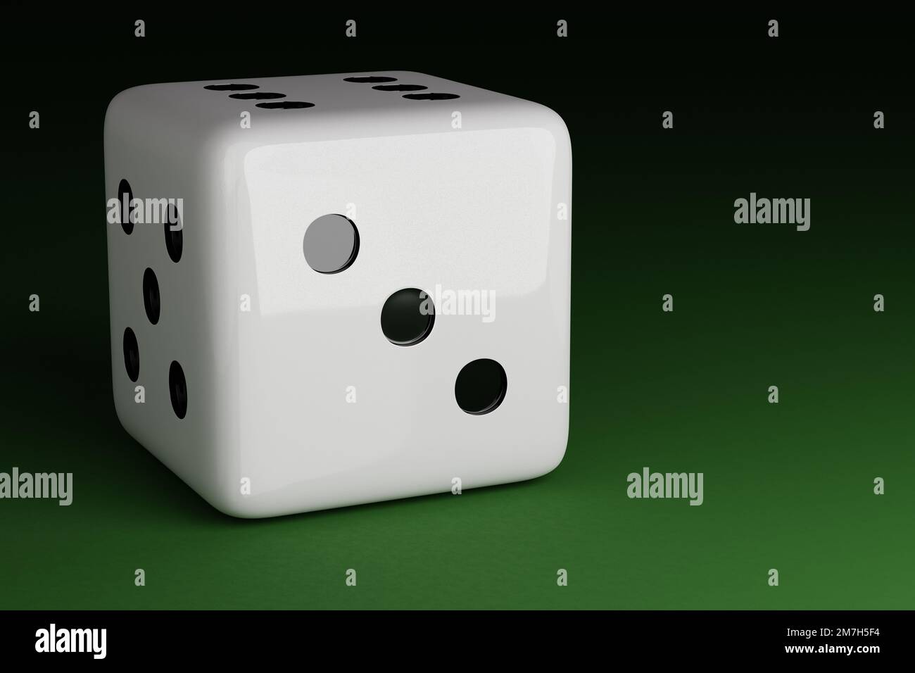 One white dice on green background. 3D Render Stock Photo