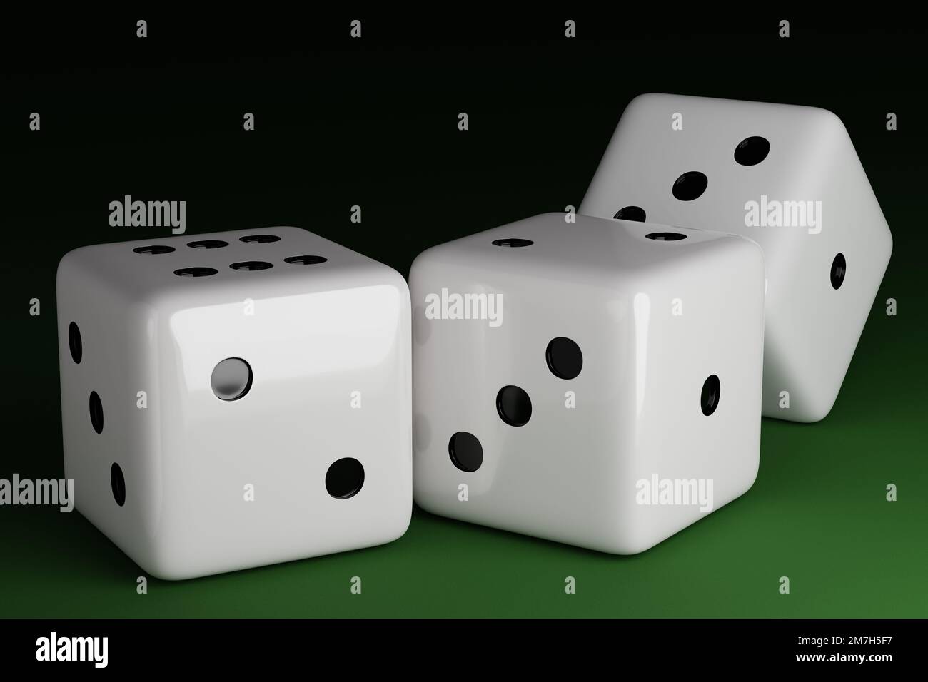 Three white dices on green background. 3D Render Stock Photo
