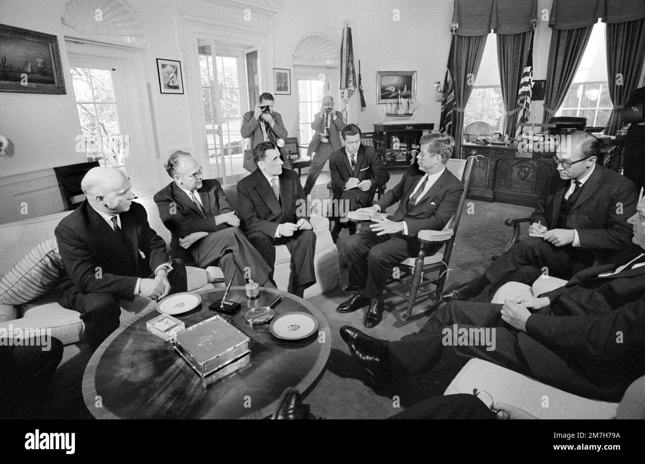 Andrei Gromyko, Soviet Minister of Foreign Affairs, and others, with U.S. President John F. Kennedy in the Oval Office, White House, Washington, D.C., USA, Warren K. Leffler, US News & World Report Magazine Collection, October 10, 1963 Stock Photo