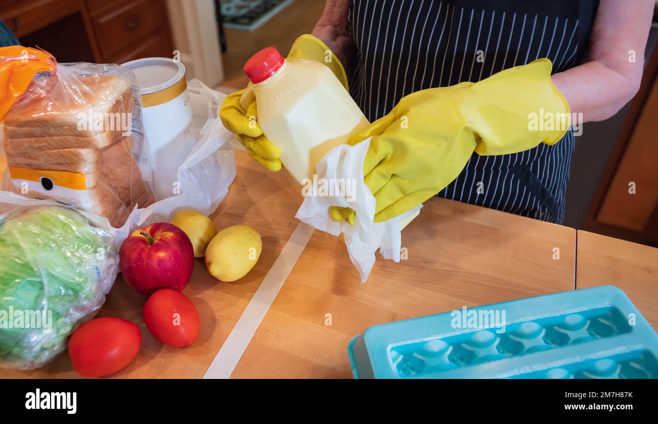 Coronavirus pandemic. Wiping food packages after shopping for groceries ...