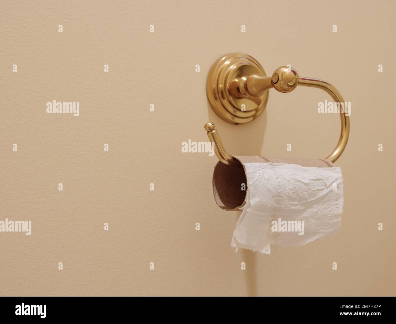 Out of stock toilet paper roll on bathroom wall mounted dispenser