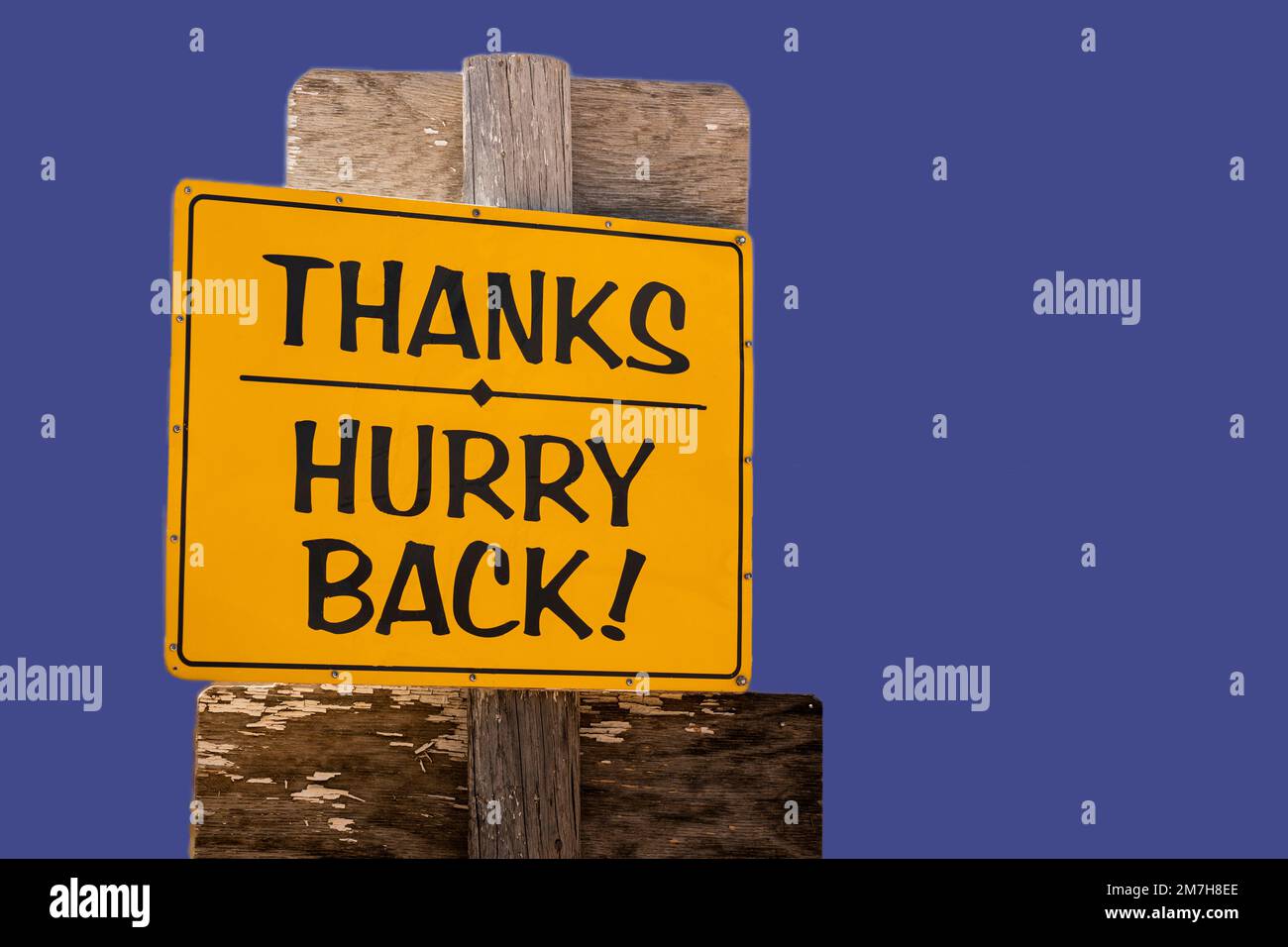 Hurry Back isolated road sign says thanks for staying. It indicates a visitor is ending vacation stay. It is an expression of gratitude. Bright cutout. Stock Photo
