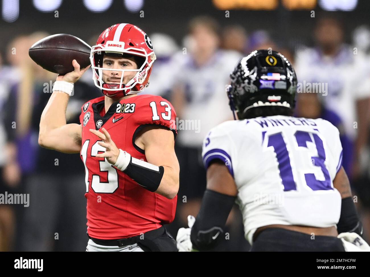 Inglewood, United States. 09th Jan, 2023. Georgia Bulldogs quarterback Stetson Bennett throws a pass in the first quarter against the TCU Horned Frogs at the 2023 NCAA College Football National Championship between Georgia and TCU at SoFi Stadium in Inglewood, California, on Monday, January 9, 2023. Photo by Mike Goulding/UPI Credit: UPI/Alamy Live News Stock Photo