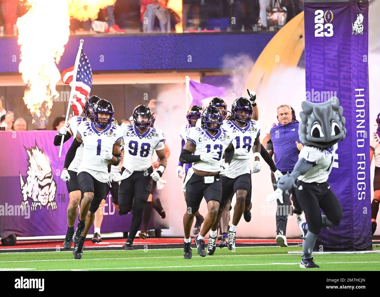 Inglewood, United States. 09th Jan, 2023. The TCU Horned Frogs take the field before the game at the 2023 NCAA College Football National Championship between Georgia and TCU at SoFi Stadium in Inglewood, California, on Monday, January 9, 2023. Photo by Mike Goulding/UPI Credit: UPI/Alamy Live News Stock Photo