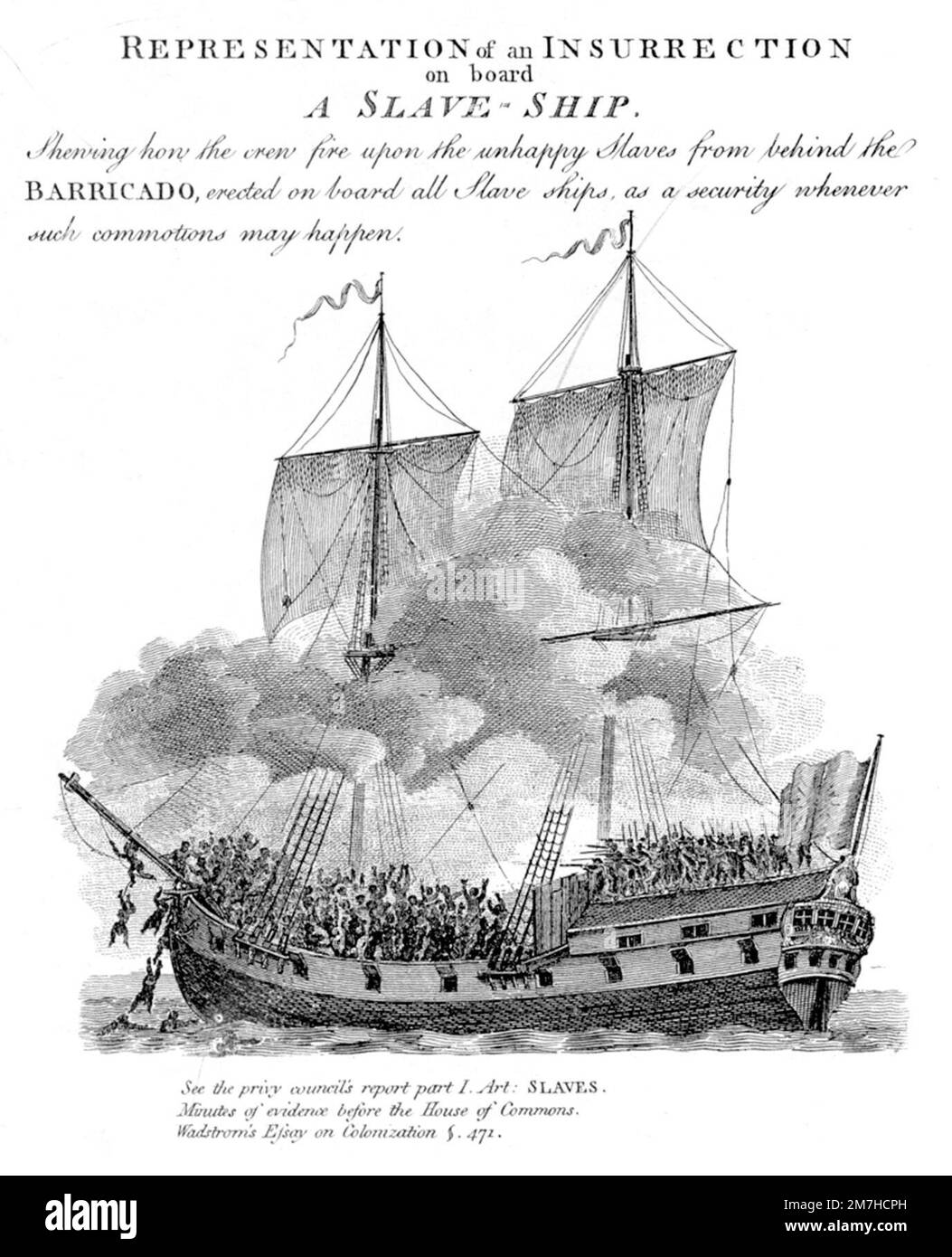 This image shows a crowded top deck of slave ship with ship's crew firing guns on captives; some