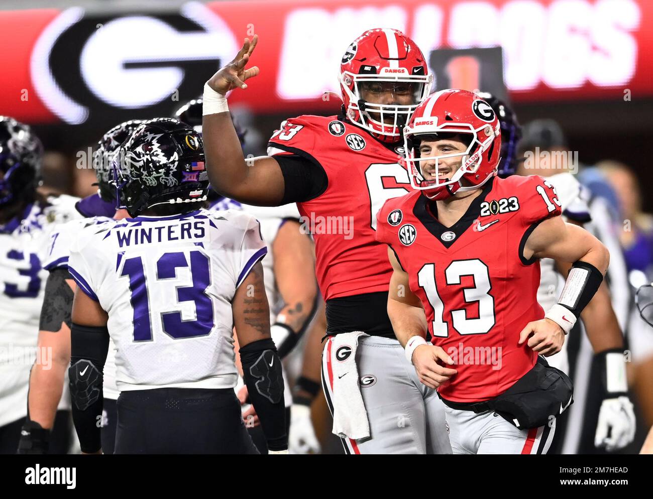 Inglewood, United States. 09th Jan, 2023. Georgia Bulldogs quarterback Stetson Bennett celebrates a touchdown in the first half against the TCU Horned Frogs at the 2023 NCAA College Football National Championship between Georgia and TCU at SoFi Stadium in Inglewood, California, on Monday, January 9, 2023. Photo by Mike Goulding/UPI Credit: UPI/Alamy Live News Stock Photo