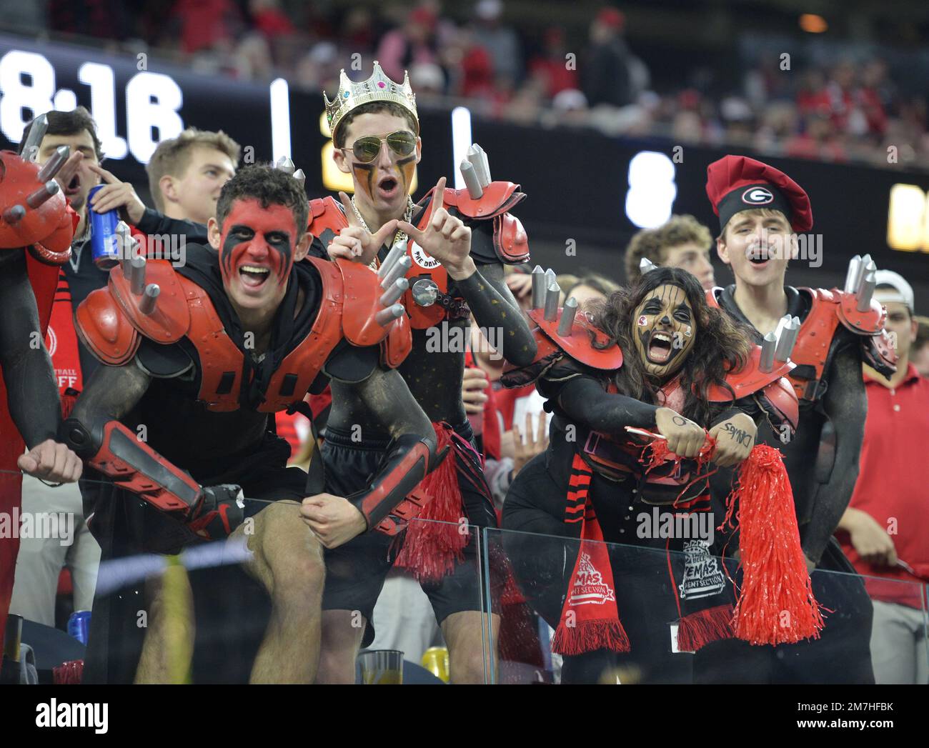 Inglewood, United States. 09th Jan, 2023. Georgia Bulldogs cheer before the start of the game against the TCU Horned Frogs at the 2023 NCAA College Football National Championship between Georgia and TCU at SoFi Stadium in Inglewood, California, on Monday, January 9, 2023. Photo by Mike Goulding/UPI Credit: UPI/Alamy Live News Stock Photo