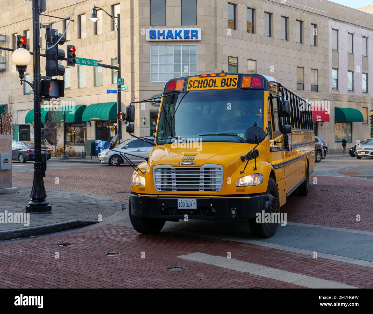 School bus and pedestrian crossing. Stock Photo