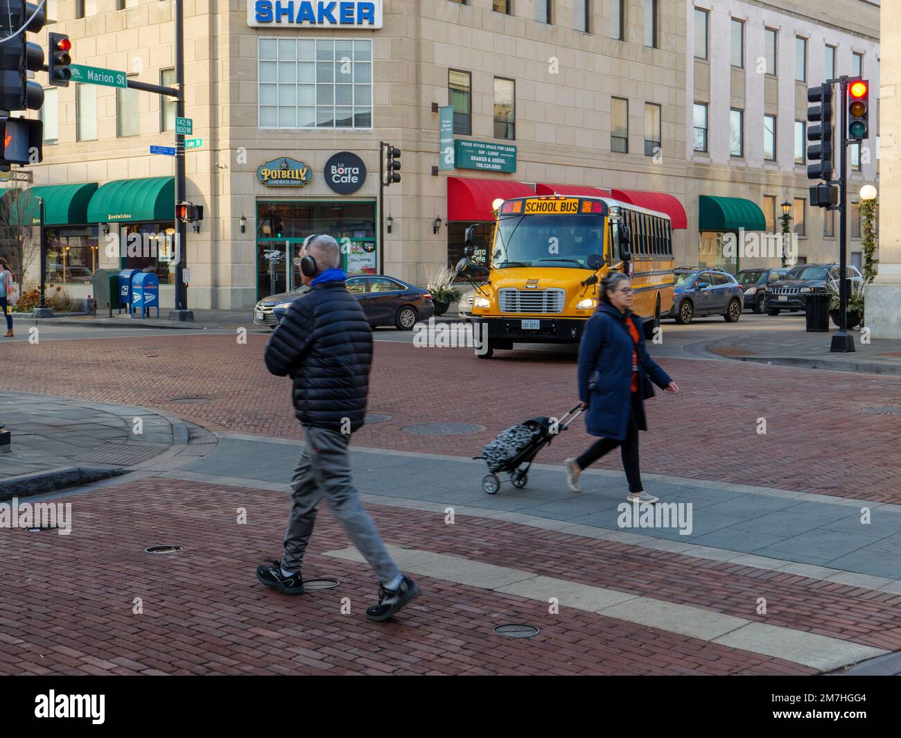 School bus and pedestrian crossing. Stock Photo