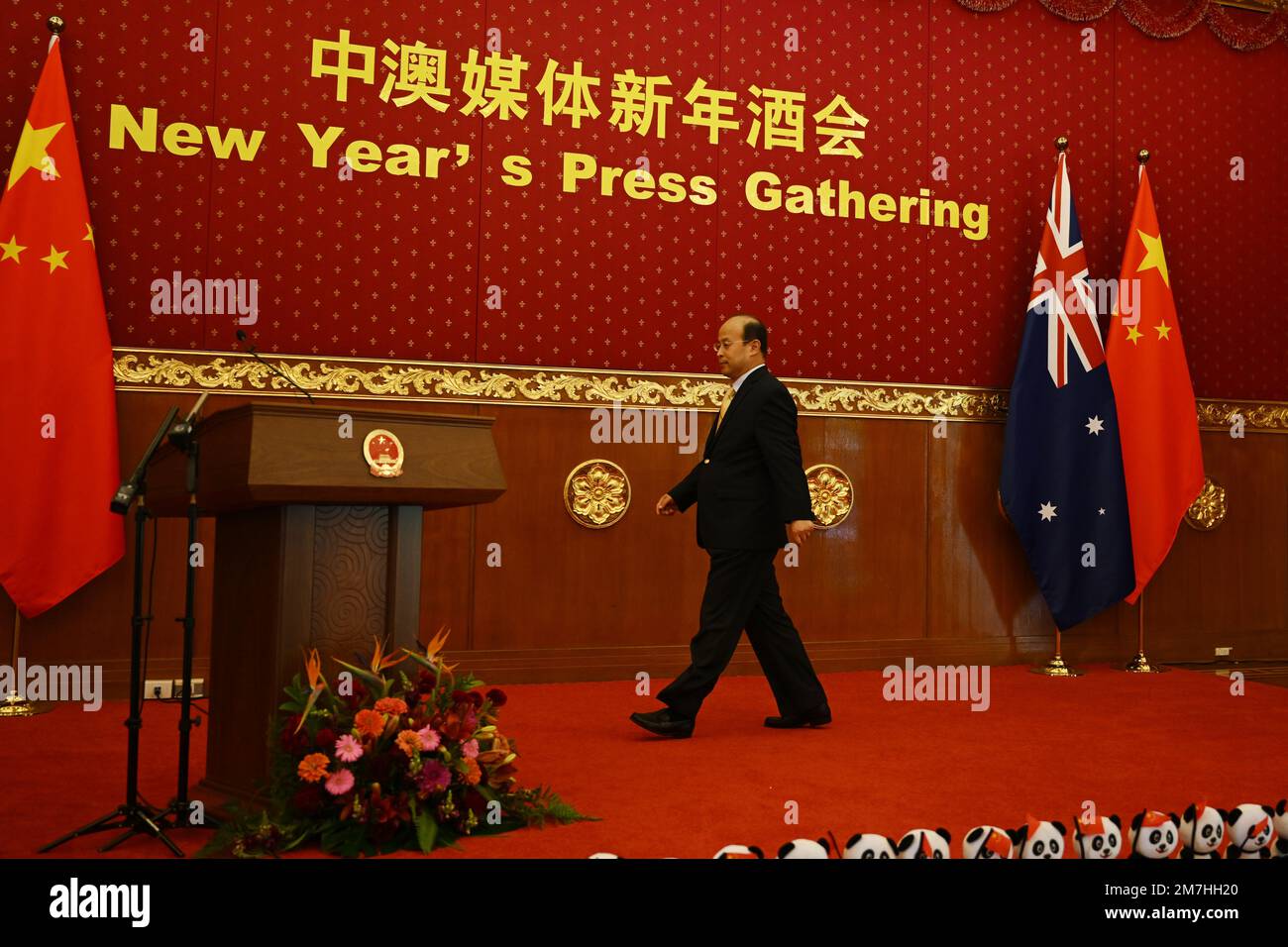 Chinese Ambassador to Australia Xiao Qian arrives to address the media