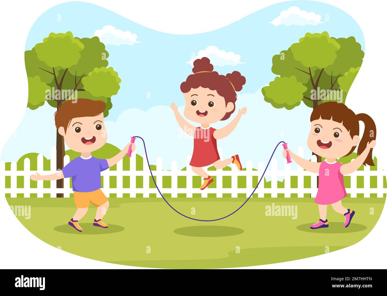 Cuatro niños jugando a saltar la cuerda ilustración Imagen Vector de stock  - Alamy