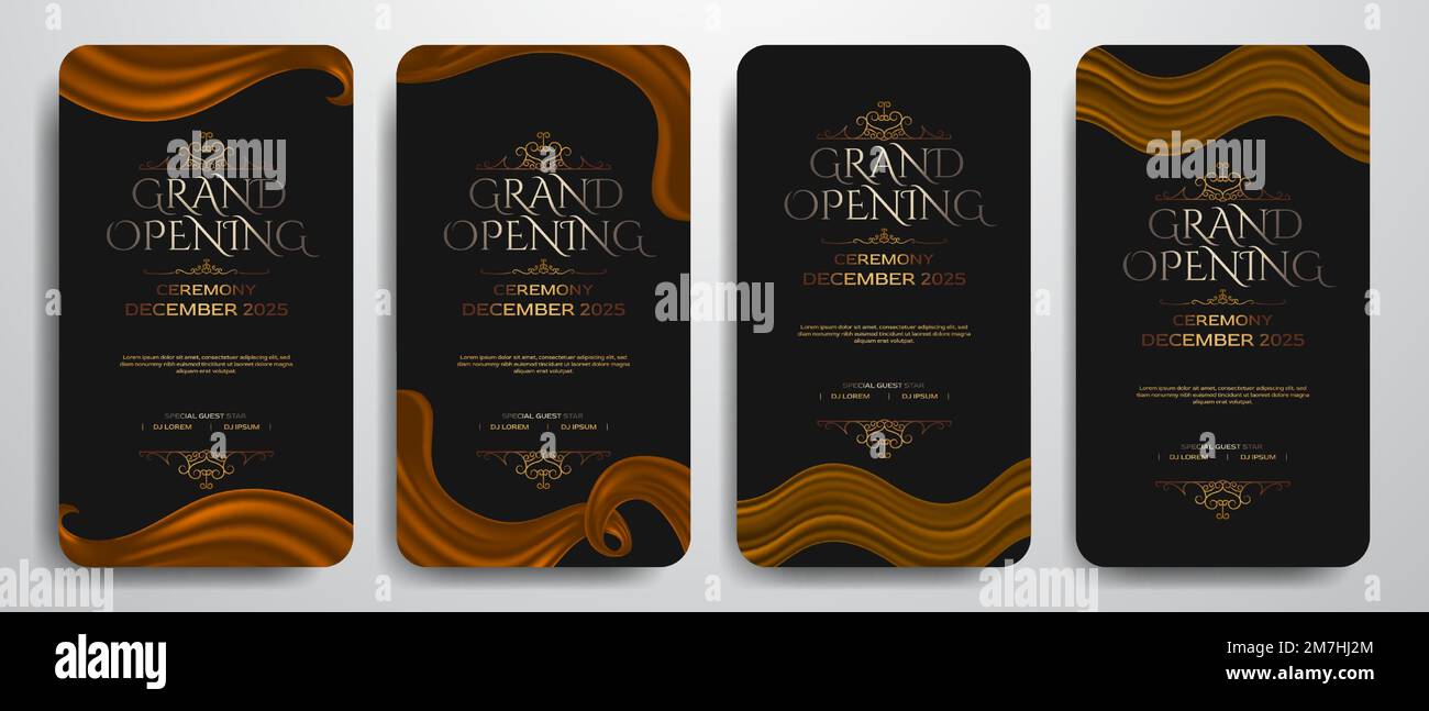 Grand opening elegant luxury banner social media story template with red curtain, silk swirl, black background Stock Vector
