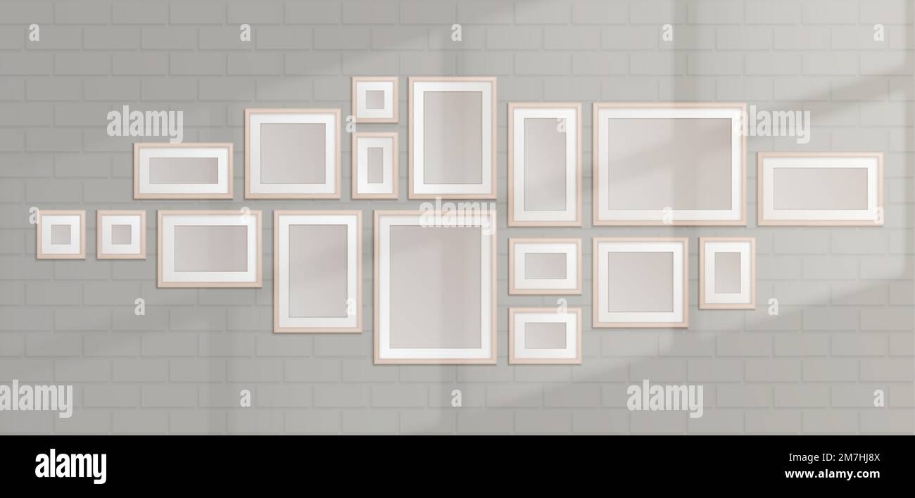 White frames collage and sunlight on brick wall. Realistic vector illustration of gallery or room interior design with rectangular and square picture or photo templates of different size. Home decor Stock Vector