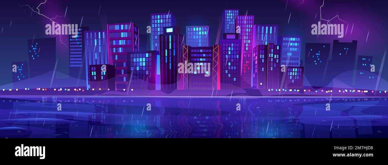 Night rainy city skyline view on lake shore or bank, glow street lamps, metropolis cityscape with neon glowing skyscraper buildings, urban seaside architecture in rstorm. Cartoon vector illustration Stock Vector