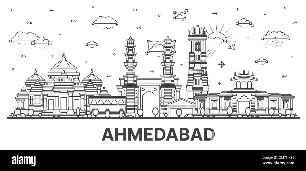 Outline Ahmedabad India City Skyline with Historic Buildings Isolated on White. Vector Illustration. Ahmedabad Cityscape with Landmarks. Stock Vector